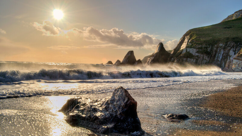 Rock on Beach at Sunset — Blue, Dramatic, Photograph, Waves