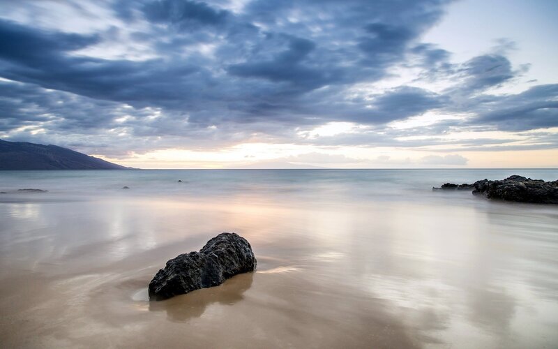 Rock on Beach at Sunset — Blue, Serene, Photograph, Clouds