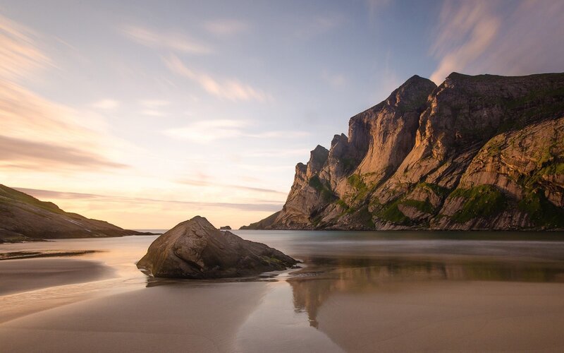 Rock on Beach at Sunset — Blue, Serene, Photograph, Mountain
