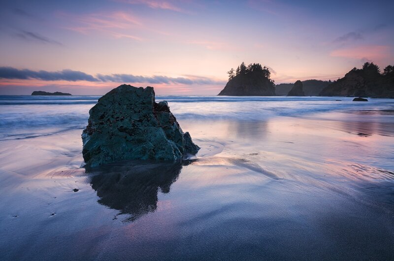 Rock on Beach at Sunset — Blue, Serene, Photograph, Ocean, Island