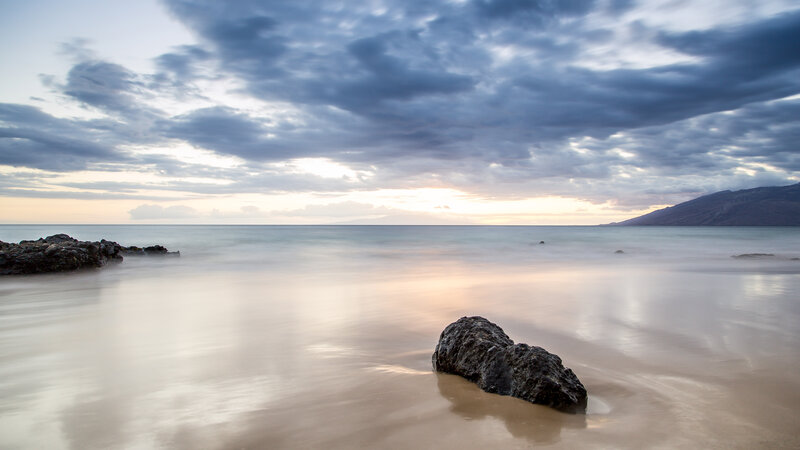 Rock on Beach at Sunset — Blue, Serene, Photograph, Ocean, Sky, Mountain