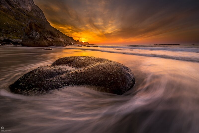 Rock on Beach at Sunset — Orange, Dramatic