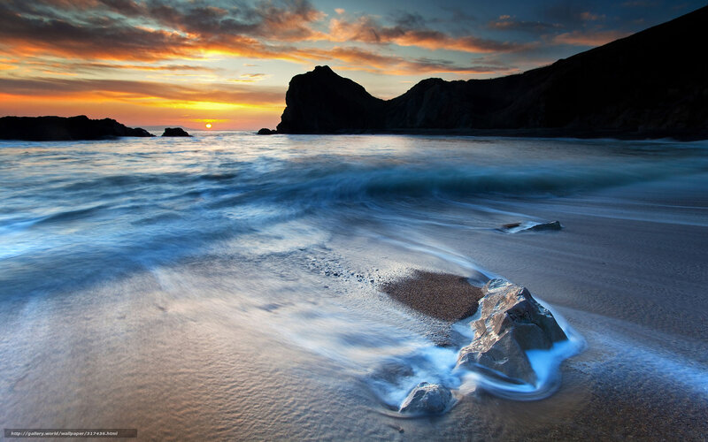 Rock on Beach at Sunset — Orange, Serene, Photograph, Ocean, Cliffs