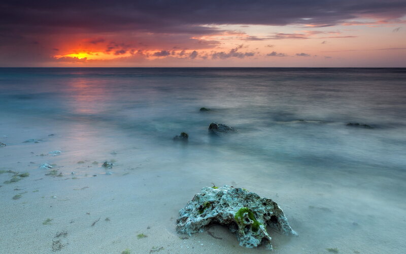 Rock on Beach at Sunset — Orange, Serene, Photograph, Sand, Ocean, Sky