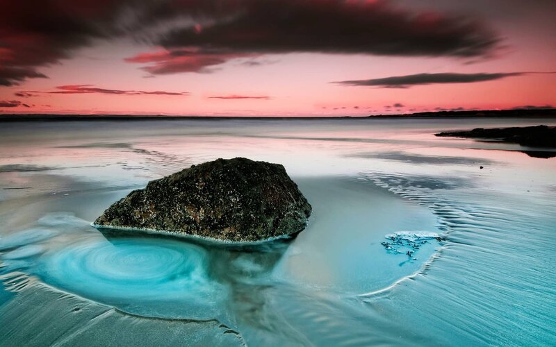 Rock on Beach at Sunset — Pink, Dramatic