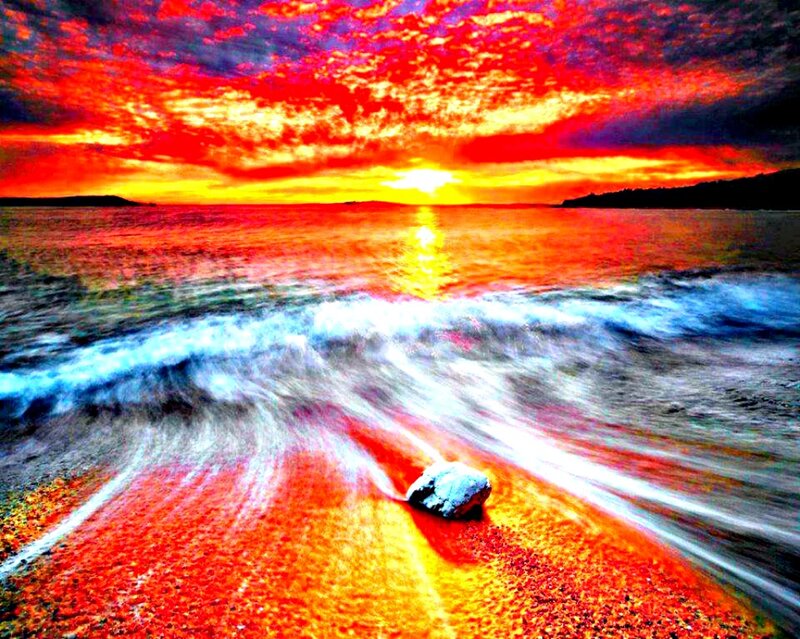 Rock on Beach at Sunset — Red, Dramatic, Photograph, Ocean