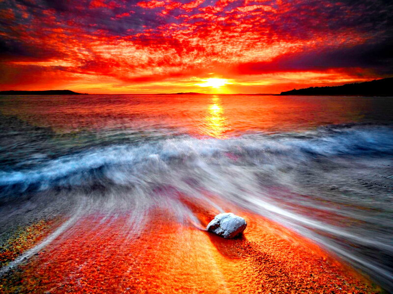 Rock on Beach at Sunset — Red, Dramatic, Photograph