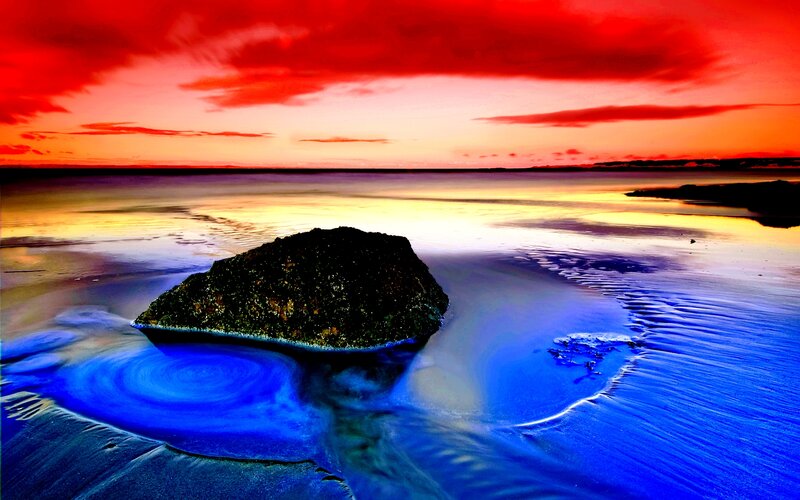 Rock on Beach at Sunset — Red, Dramatic