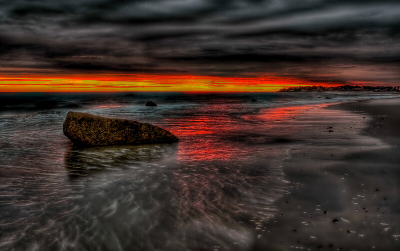 Rock on Beach at Sunset — Red