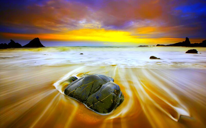 Rock on Beach at Sunset — Yellow