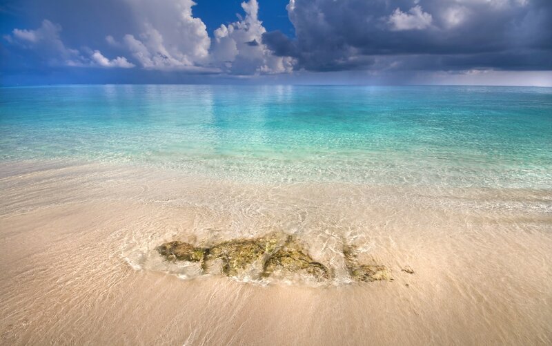 Rock on Sandy Beach — Blue, Dramatic, Afternoon