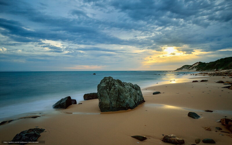 Rock on Sandy Beach — Blue, Dramatic, Sunset