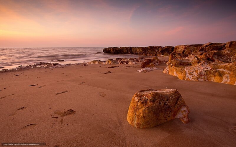 Rock on Sandy Beach — Orange, Serene, Sunset, Photograph, Sand