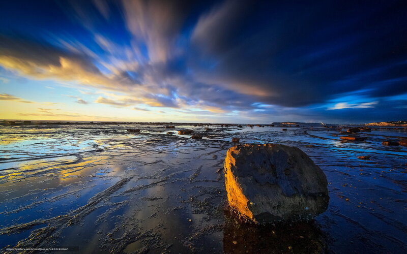 Rock on Wet Beach — Blue, Dramatic