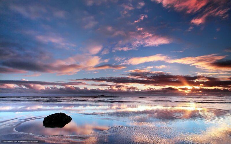 Rock on Wet Beach — Blue, Serene, Sunset