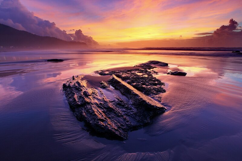 Rock on Wet Beach — Purple, Dramatic, Sunset