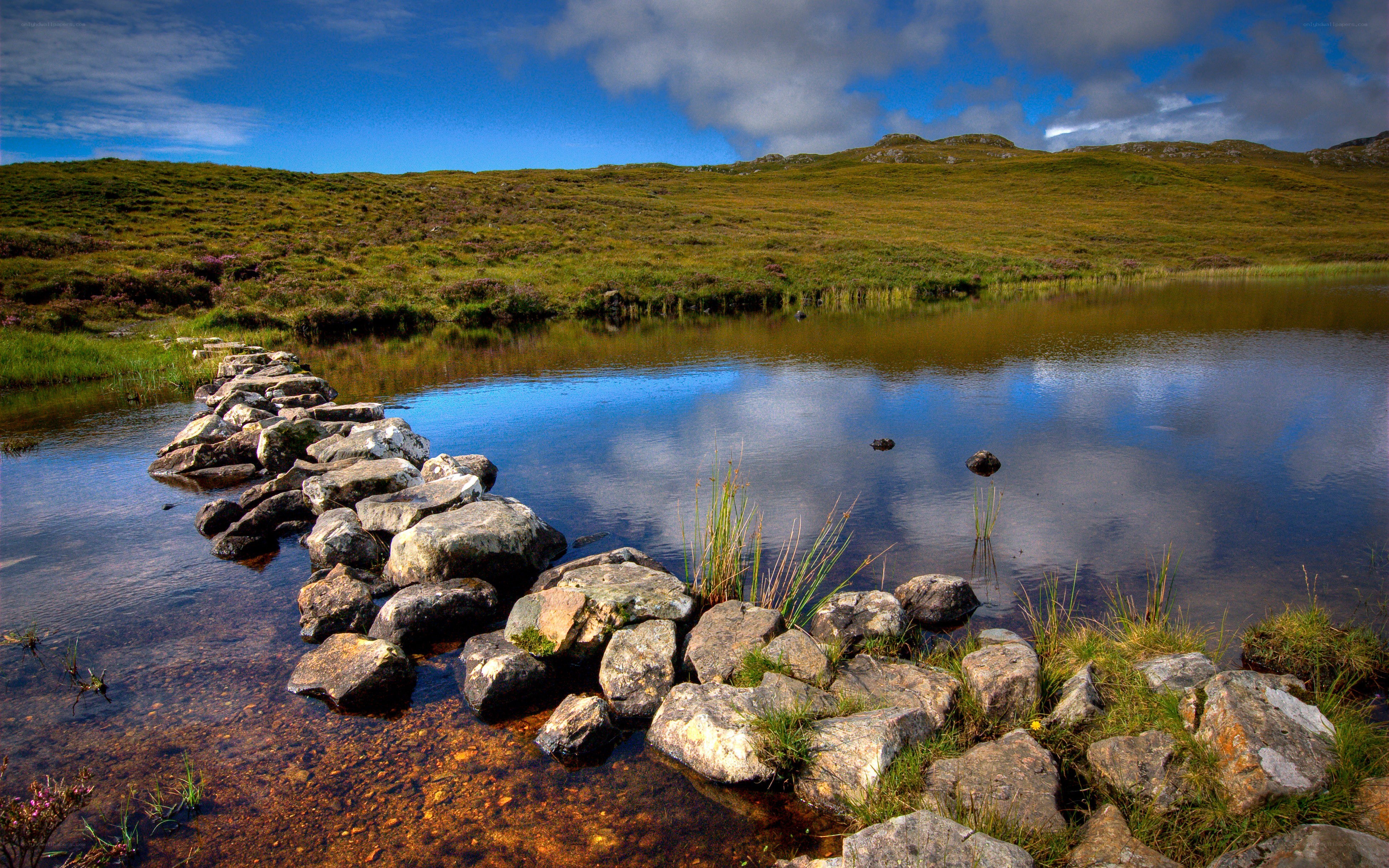 Rock path across a serene loch