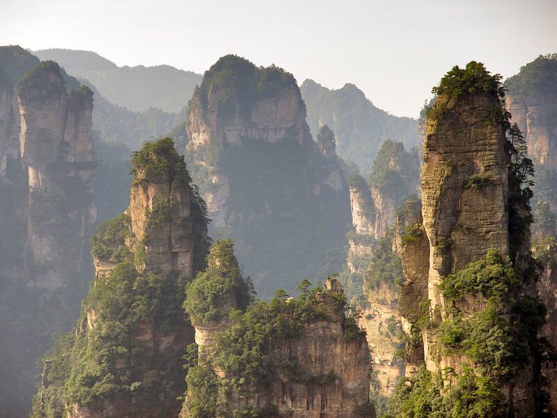 Rock Pillars in Forest — Green, Serene, Morning, Photograph, Mountains