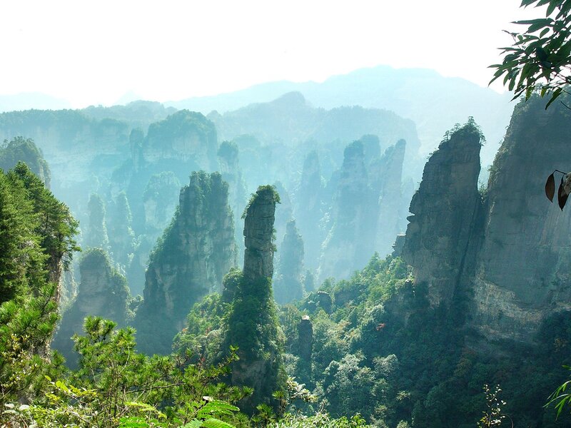 Rock Pillars in Forest — Green, Serene, Morning, Photograph, Trees, Mountains, Mist