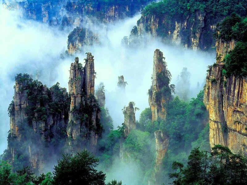 Rock Pillars in Mist — Green