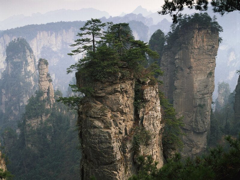 Rock Pillars with Trees — Green, Misty, Photograph, Mountains, Fog, Gray, Brown