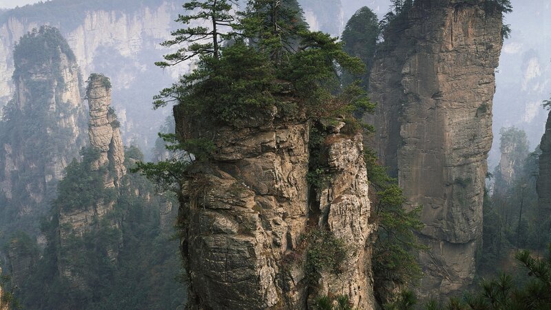 Rock Pillars with Trees — Green, Misty, Photograph