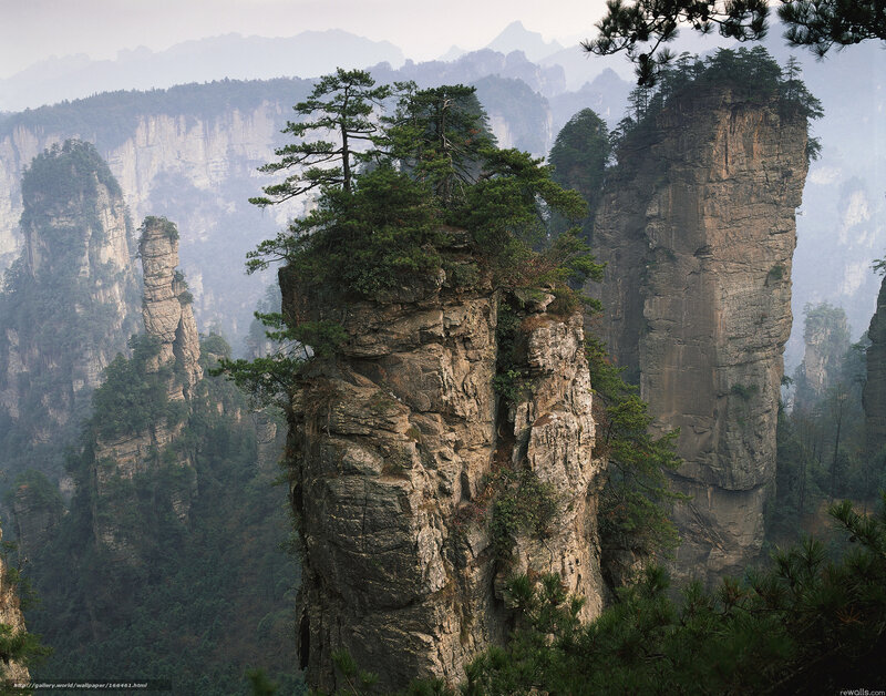 Rock Pillars with Trees — Green, Misty
