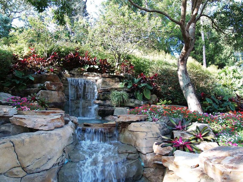 Rock Waterfall Garden — Green, Serene, Afternoon