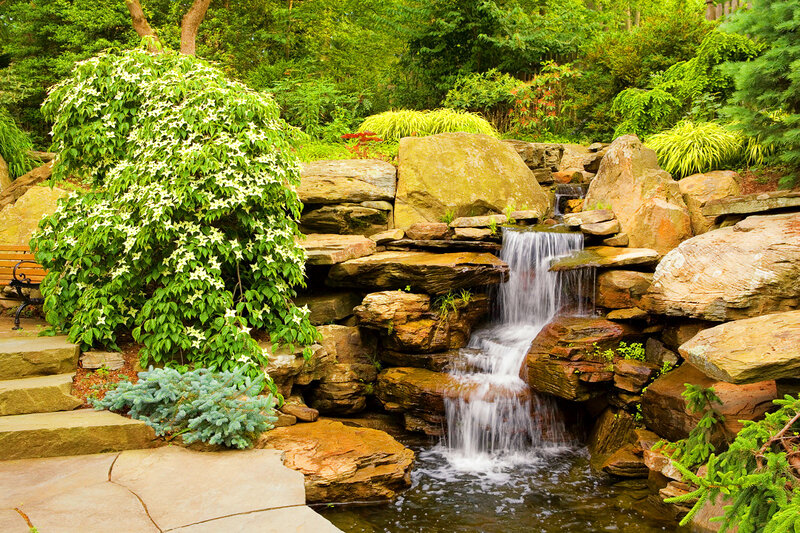 Rock Waterfall Garden — Green, Serene, Summer