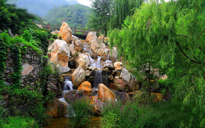 Rock Waterfall in Garden — Green, Serene, Afternoon, Photograph