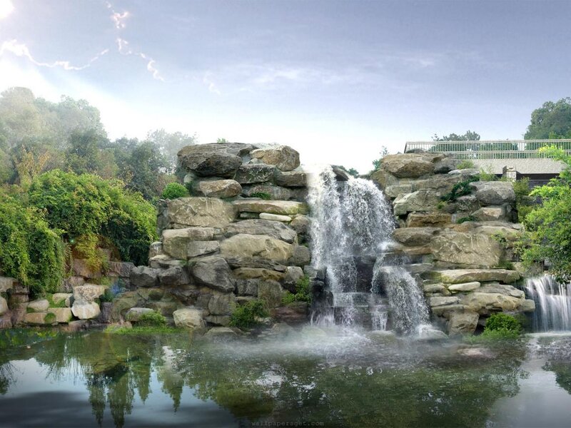 Rock Waterfall in Garden — Green