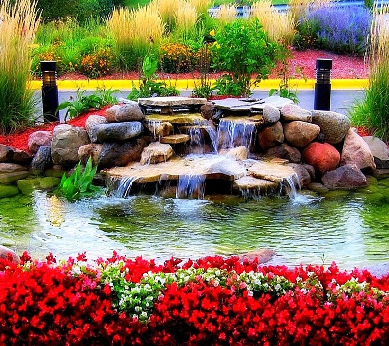 Rock Waterfall Pond — Red, Serene, Afternoon, Photograph