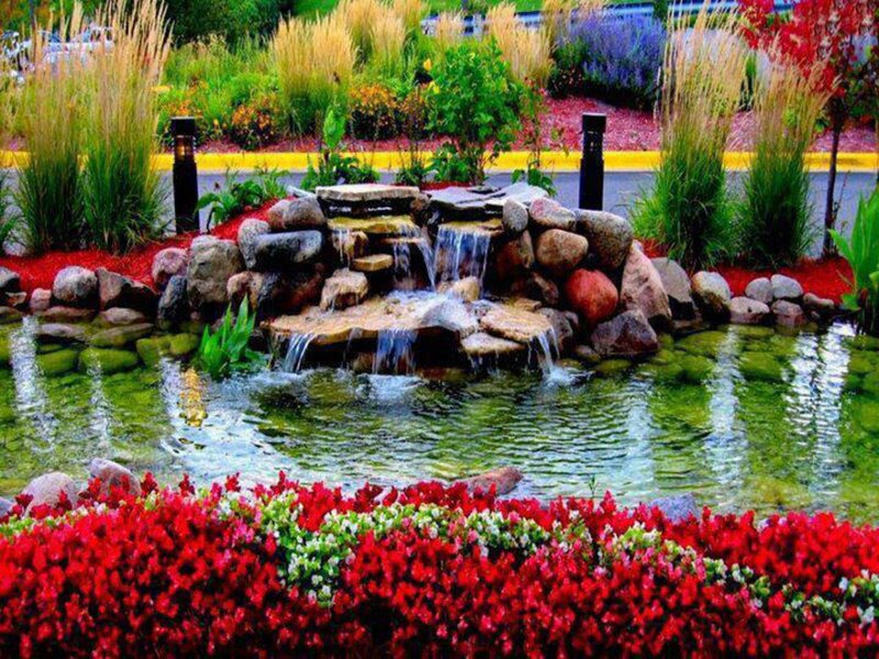 Rock Waterfall Pond — Red, Serene, Afternoon