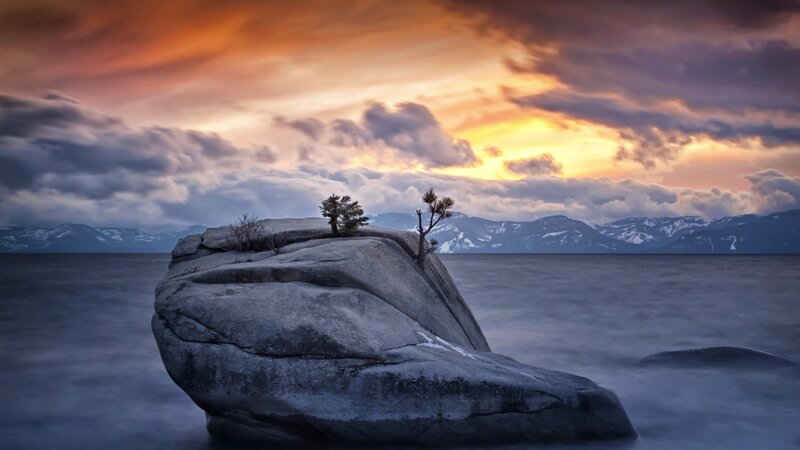Rock with Trees on Lake