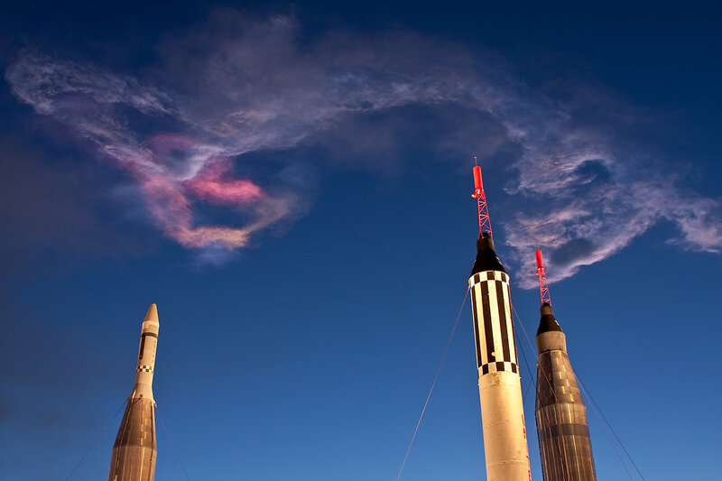 Rocket display at dusk