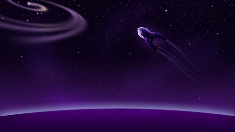 Rocket flying over purple planet