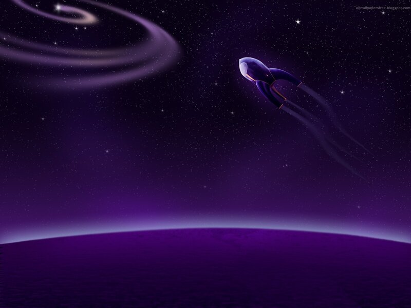 rocket flying over purple planet