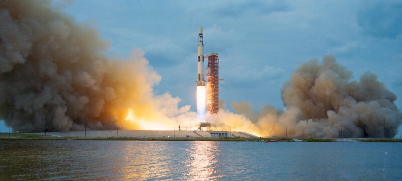 Rocket launch at dawn