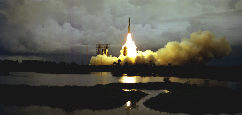 Rocket launch at dusk