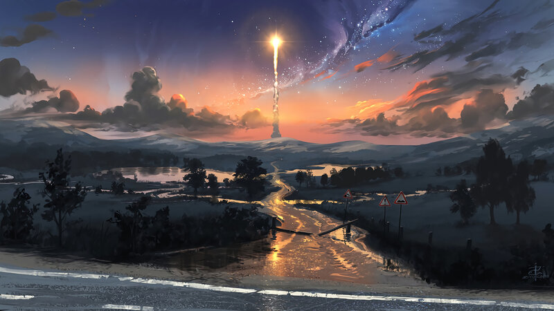 Rocket Launch at Dusk — Orange, Dramatic
