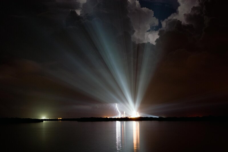 Rocket launch at night