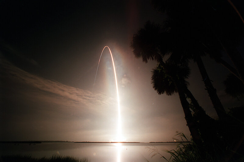 Rocket launch at night