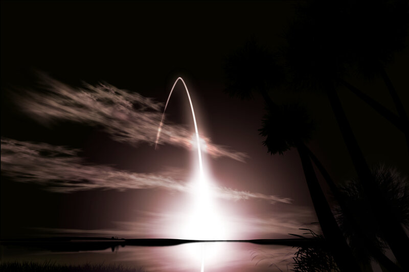 Rocket Launch at Night — Black, Dramatic, Digital Art, Palm Trees