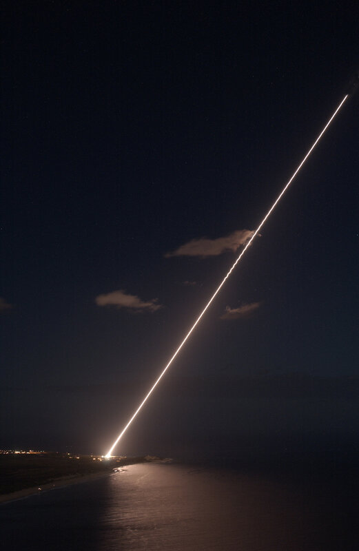 Rocket Launch at Night — Black, Dramatic, Photograph, Coastline