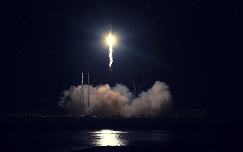 Rocket Launch at Night — Black, Dramatic, Photograph, Launch Pad, Smoke, Stars