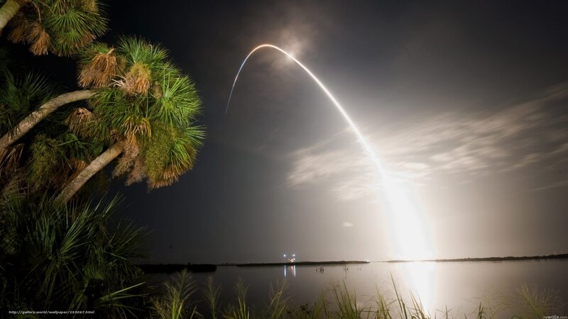 Rocket Launch at Night — Black, Dramatic, Photograph, Palm Trees
