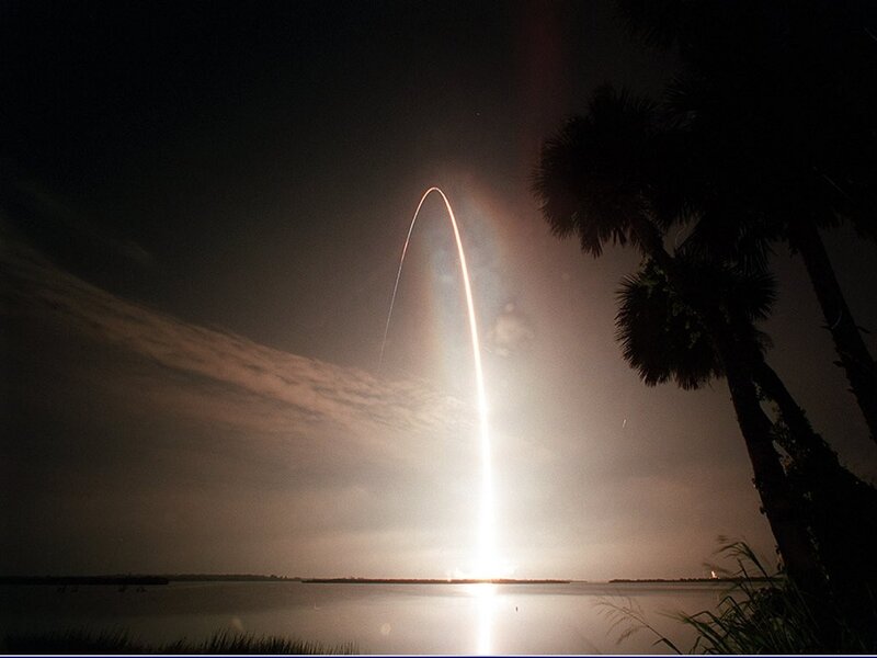 Rocket Launch at Night — Black, Dramatic, Photograph, Palm Trees, Water, Sky