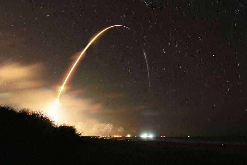 Rocket Launch at Night — Black, Dramatic, Photograph, Sky
