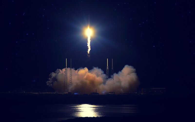 Rocket Launch at Night — Black, Dramatic, Photograph