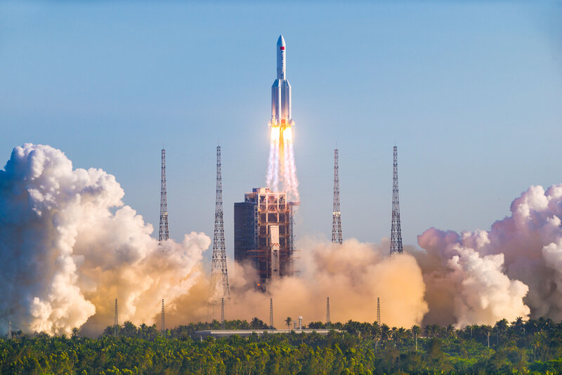 Rocket Launch — Blue, Dramatic, Morning, Photograph, Smoke, Launch Pad